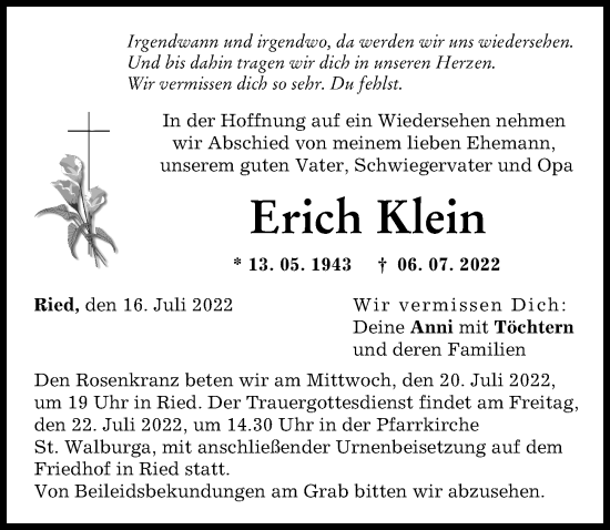 Traueranzeige von Erich Klein von Friedberger Allgemeine