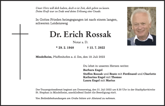 Traueranzeige von Erich Rossak von Mindelheimer Zeitung
