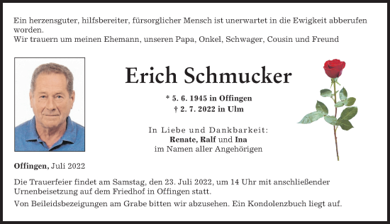 Traueranzeige von Erich Schmucker von Günzburger Zeitung