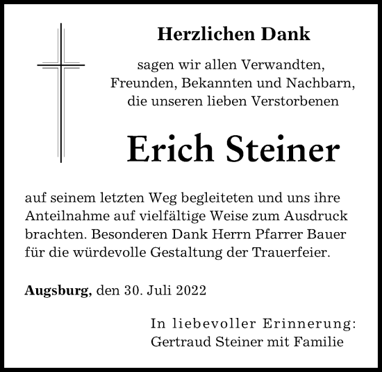 Traueranzeige von Erich Steiner von Augsburger Allgemeine