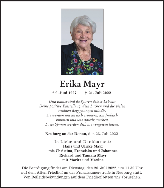 Traueranzeige von Erika Mayr von Neuburger Rundschau