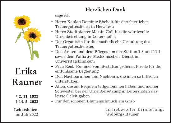 Traueranzeige von Erika Rauner von Augsburger Allgemeine