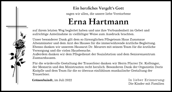 Traueranzeige von Erna Hartmann von Augsburg-Land