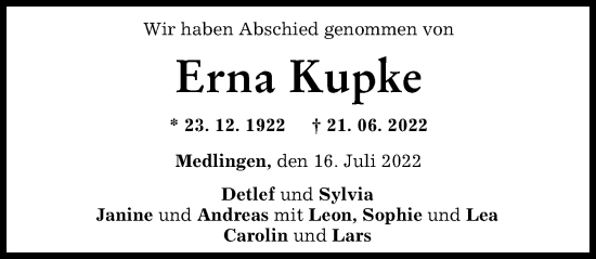 Traueranzeige von Erna Kupke von Donau Zeitung