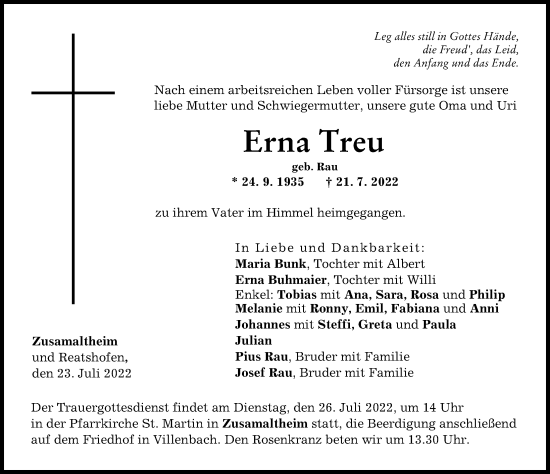 Traueranzeige von Erna Treu von Wertinger Zeitung