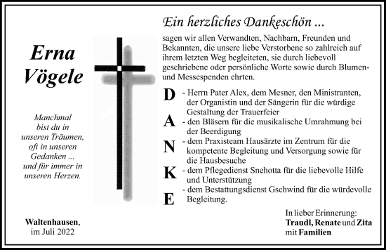 Traueranzeige von Erna Vögele von Mittelschwäbische Nachrichten