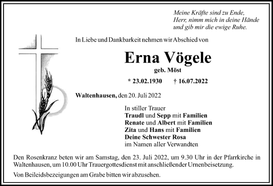 Traueranzeige von Erna Vögele von Mittelschwäbische Nachrichten