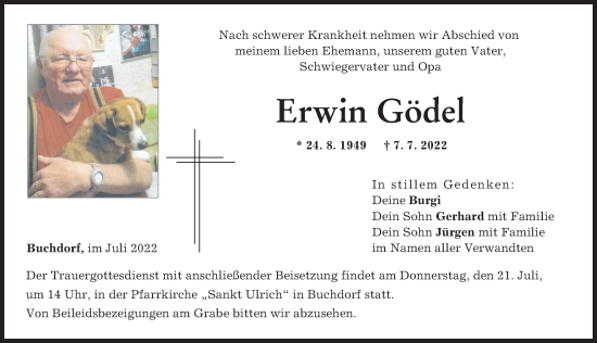 Traueranzeige von Erwin Gödel von Donauwörther Zeitung