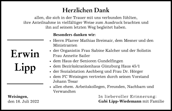 Traueranzeige von Erwin Lipp von Donau Zeitung