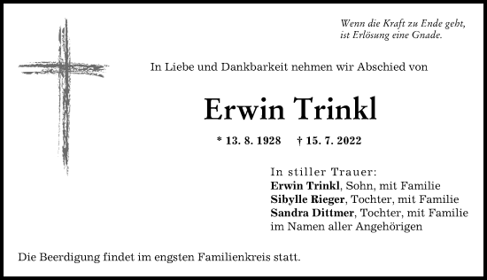 Traueranzeige von Erwin Trinkl von Friedberger Allgemeine
