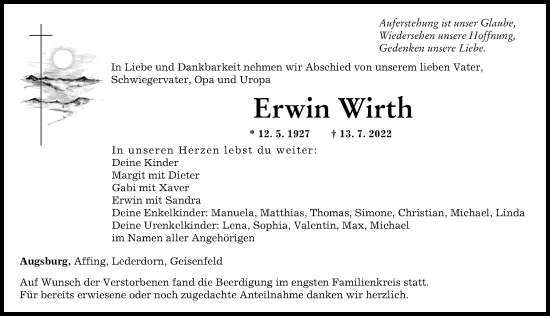 Traueranzeige von Erwin Wirth von Augsburger Allgemeine