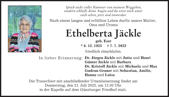 Traueranzeige von Ethelberta Jäckle von Günzburger Zeitung