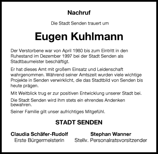 Traueranzeige von Eugen Kuhlmann von Neu-Ulmer Zeitung
