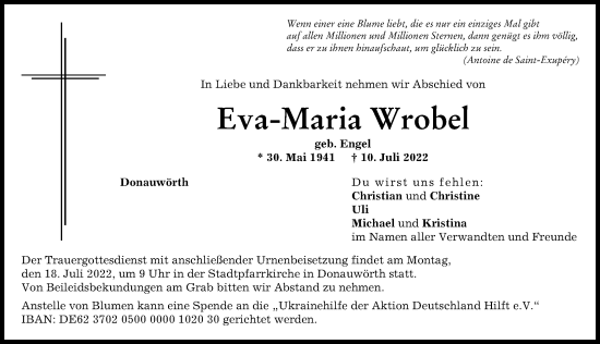 Traueranzeige von Eva-Maria Wrobel von Donauwörther Zeitung