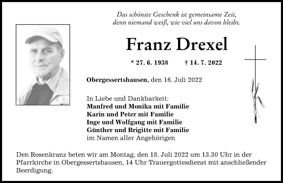 Traueranzeige von Franz Drexel von Mittelschwäbische Nachrichten