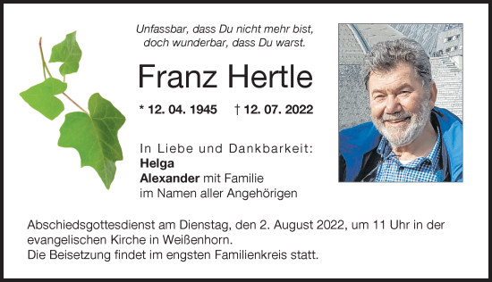 Traueranzeige von Franz Hertle von Neu-Ulmer Zeitung