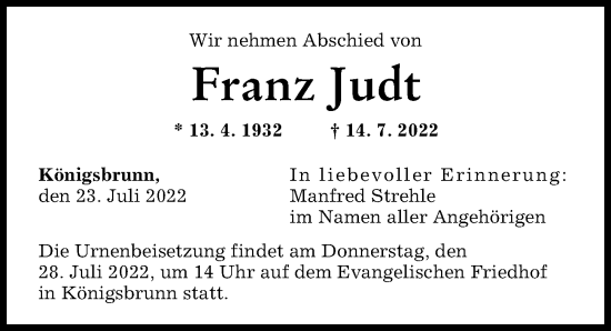 Traueranzeige von Franz Judt von Augsburger Allgemeine