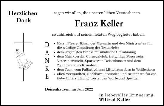 Traueranzeige von Franz Keller von Mittelschwäbische Nachrichten