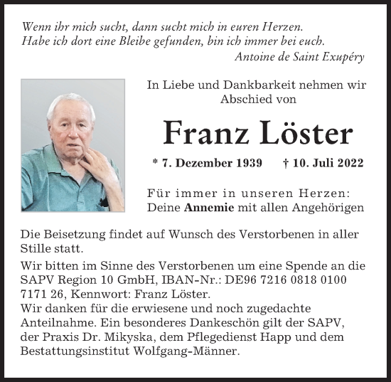 Traueranzeige von Franz Löster von Neuburger Rundschau