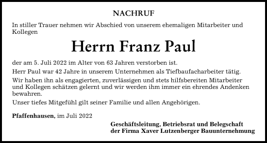 Traueranzeige von Franz Paul von Mindelheimer Zeitung