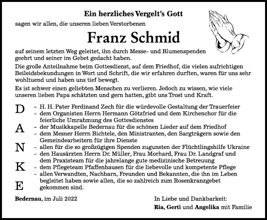 Traueranzeige von Franz Schmid von Mindelheimer Zeitung