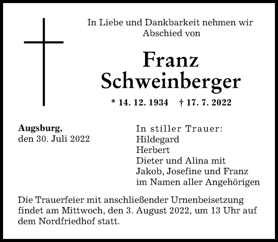 Traueranzeige von Franz Schweinberger von Augsburger Allgemeine