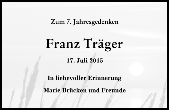 Traueranzeige von Franz Träger von Augsburger Allgemeine