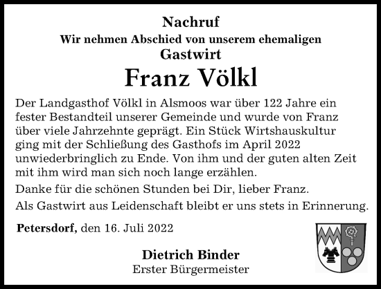 Traueranzeige von Franz Völkl von Aichacher Nachrichten