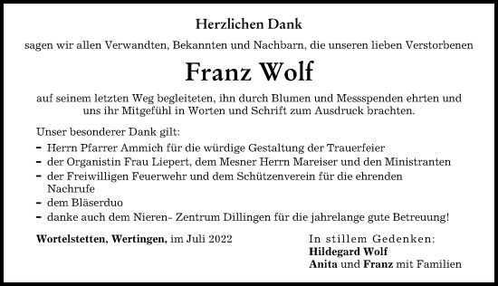 Traueranzeige von Franz Wolf von Wertinger Zeitung