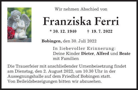 Traueranzeige von Franziska Ferri von Schwabmünchner Allgemeine
