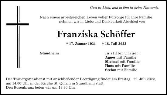 Traueranzeige von Franziska Schöffer von Neuburger Rundschau, Donauwörther Zeitung