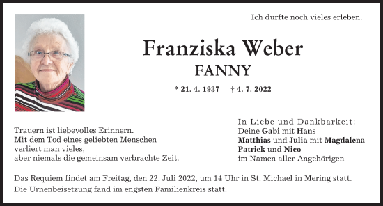 Traueranzeige von Franziska Weber von Friedberger Allgemeine