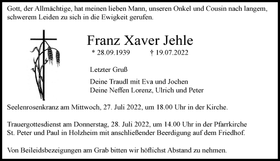 Traueranzeige von Franz Xaver Jehle von Neu-Ulmer Zeitung