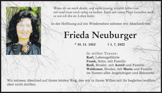 Traueranzeige von Frieda Neuburger von Günzburger Zeitung