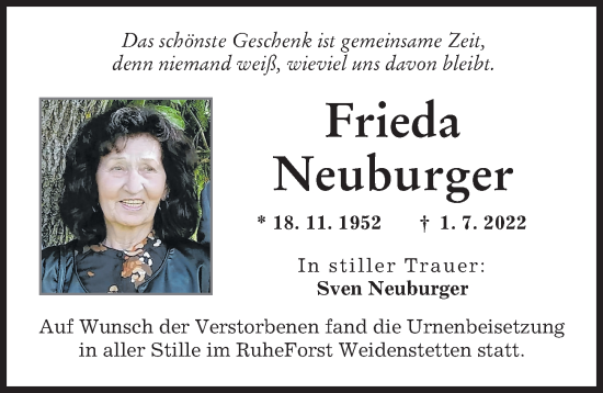 Traueranzeige von Frieda Neuburger von Günzburger Zeitung