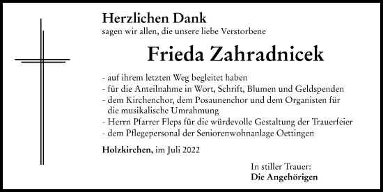 Traueranzeige von Frieda Zahradnicek von Rieser Nachrichten