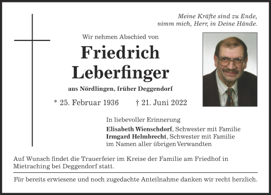 Traueranzeige von Friedrich Leberfinger von Rieser Nachrichten