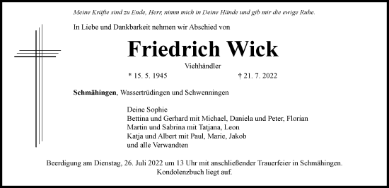 Traueranzeige von Friedrich Wick von Rieser Nachrichten