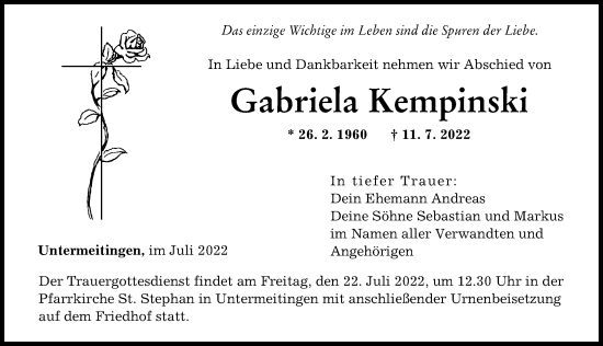 Traueranzeige von Gabriela Kempinski von Augsburger Allgemeine