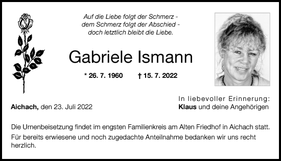 Traueranzeige von Gabriele Ismann von Aichacher Nachrichten