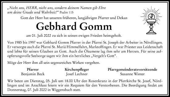 Traueranzeige von Gebhard Gomm von Rieser Nachrichten