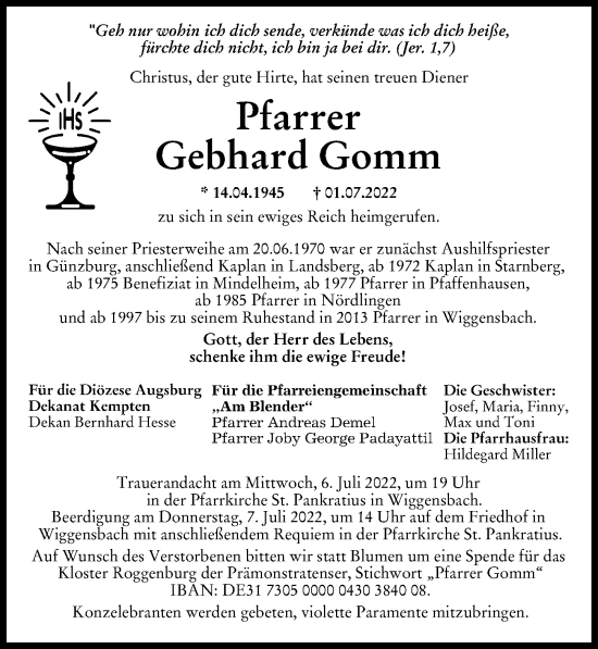 Traueranzeige von Gebhard Gomm von Augsburger Allgemeine