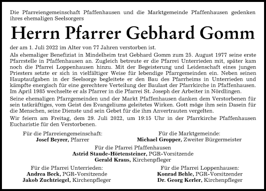 Traueranzeige von Gebhard Gomm von Mindelheimer Zeitung