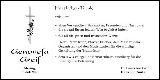 Traueranzeige von Genovefa Greif von Friedberger Allgemeine