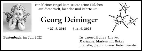 Traueranzeige von Georg Deininger von Mittelschwäbische Nachrichten, Günzburger Zeitung