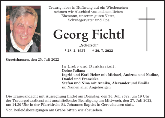 Traueranzeige von Georg Fichtl von Landsberger Tagblatt