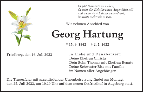 Traueranzeige von Georg Hartung von Friedberger Allgemeine, Augsburger Allgemeine