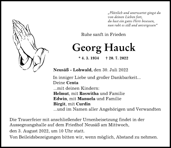 Traueranzeige von Georg Hauck von Augsburger Allgemeine