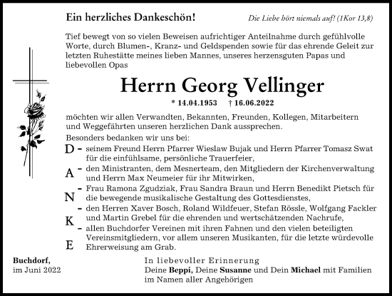 Traueranzeige von Georg Vellinger von Donauwörther Zeitung
