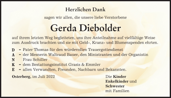 Traueranzeige von Gerda Diebolder von Illertisser Zeitung